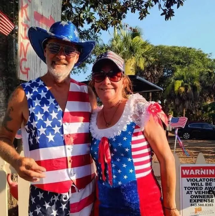 Andy and Tara in matching stars and stripes outfits on the Fourth of July at the lot