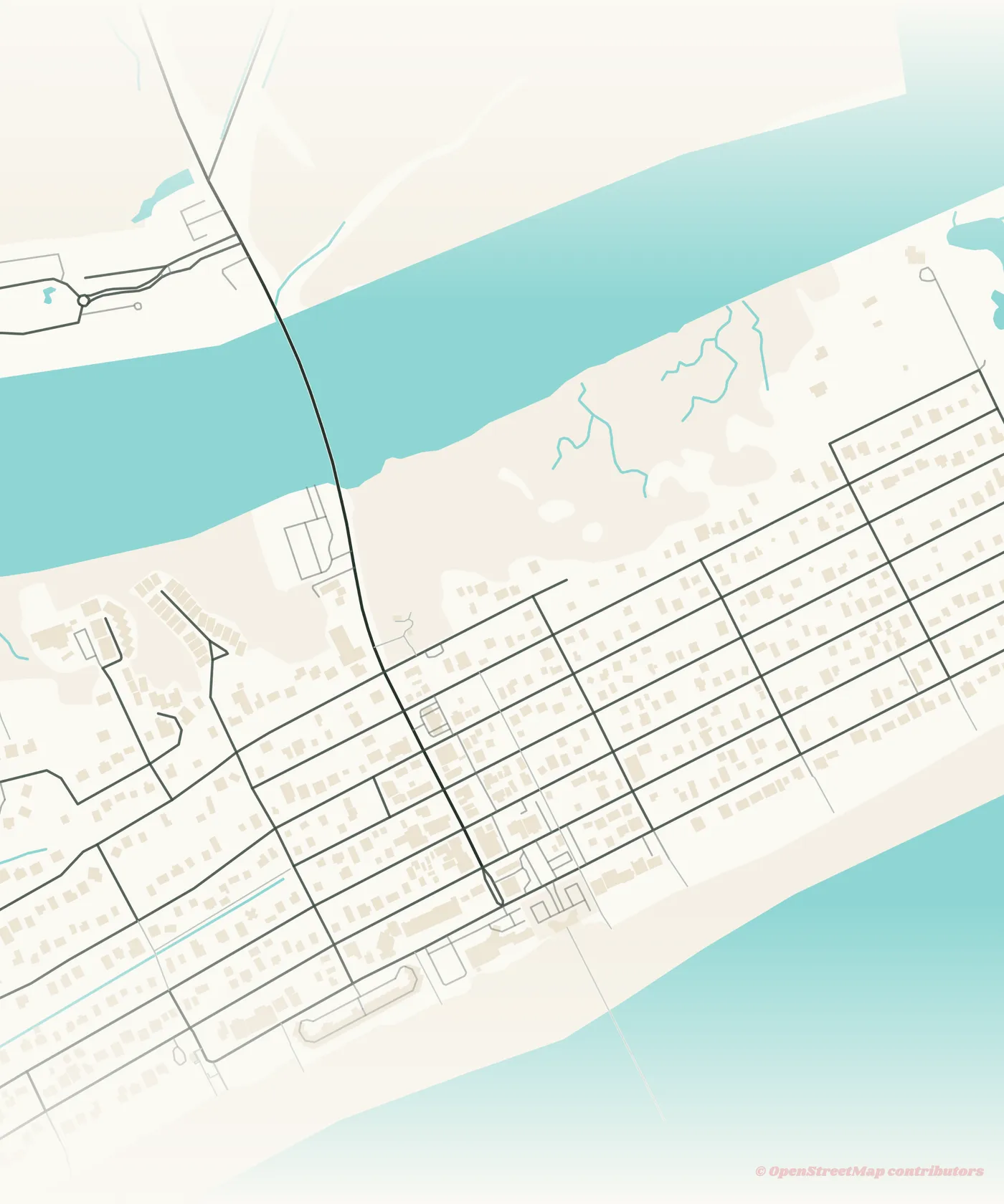 Map of Folly Beach from the bridge to the pier, with the route to Sign Lot drawn in pink