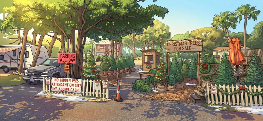 Framed illustration of Mama Jean's Christmas Trees: decorated firs, a cashier shack and a CHRISTMAS TREES FOR SALE sign strung with lights